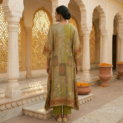 Full Length Back View of Olive Paisley Georgette Kaftan Set 
Showing Complete Embroidery and Matching Pants — Jagranee Jaipur