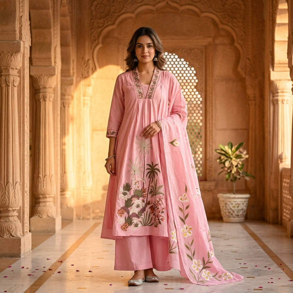 Woman wearing pink Chanderi Anarkali kurta set with tropical embroidery and hand-painted dupatta standing in Rajasthani palace corridor - Jagranee