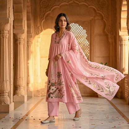 Pink embroidered Chanderi Anarkali set with hand-painted lily dupatta flowing in breeze, palace background - Jagranee