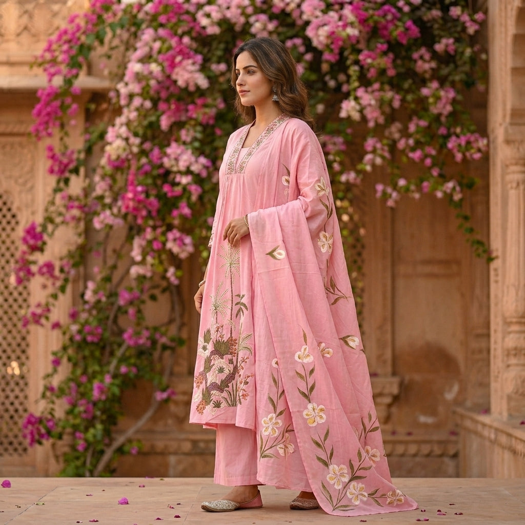 Side view of pink tropical garden embroidered Chanderi Anarkali kurta set with bougainvillea backdrop - Jagranee
