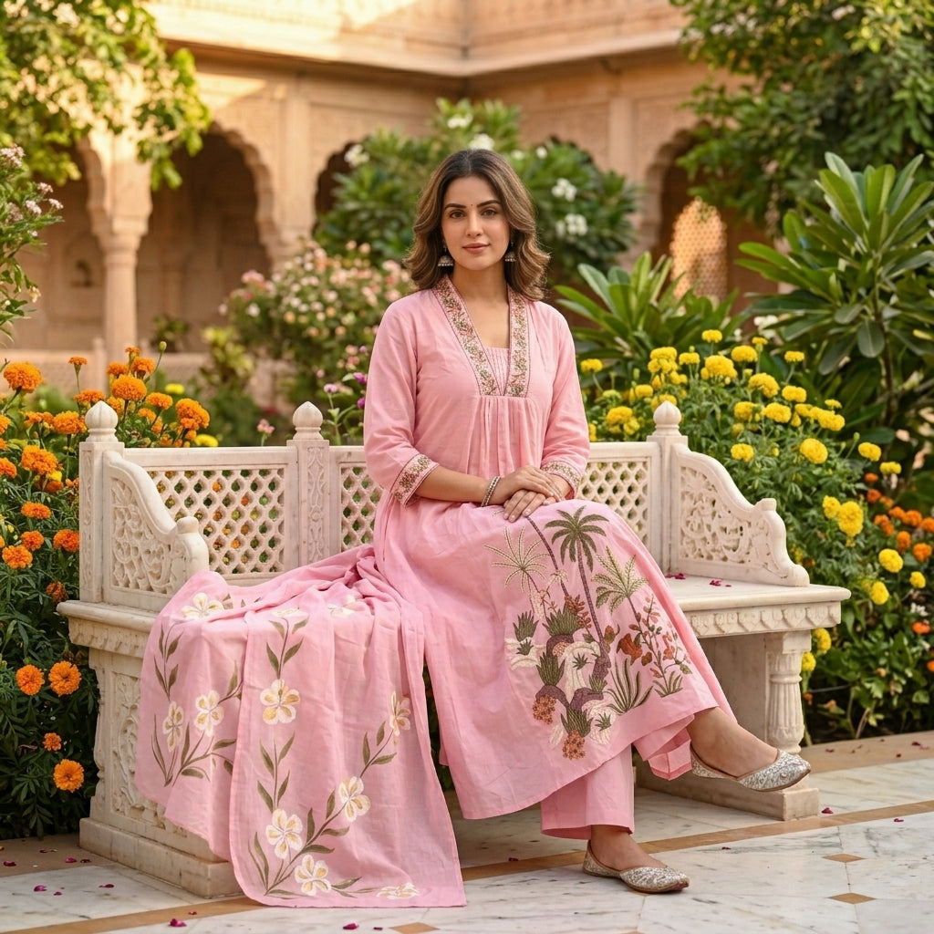 Woman sitting in palace garden wearing pink Chanderi Anarkali set with tropical embroidery and hand-painted dupatta - Jagranee