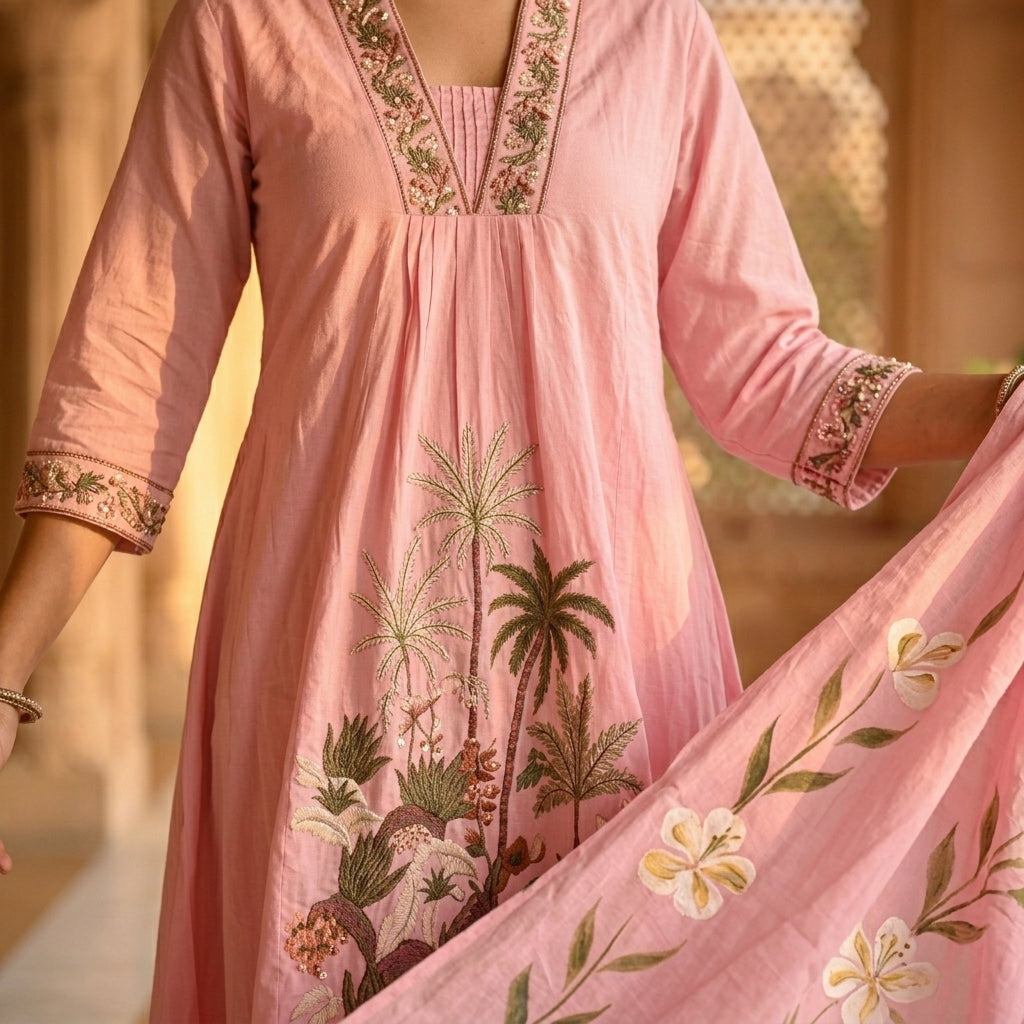 Close-up detail of tropical palm tree embroidery and beadwork neckline on pink Chanderi Anarkali kurta with hand-painted dupatta - Jagranee