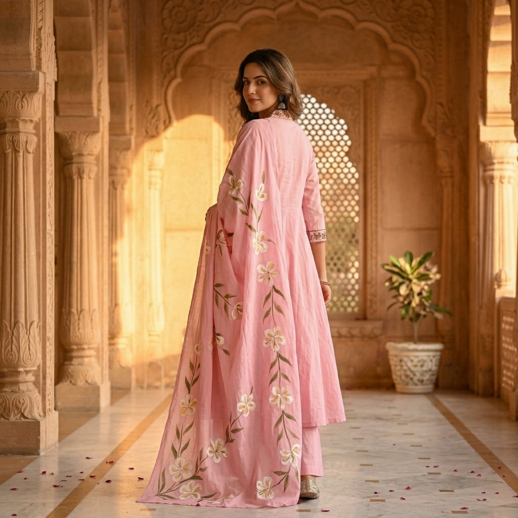 Back view of pink Chanderi Anarkali set showcasing hand-painted white lily floral dupatta in palace setting - Jagranee