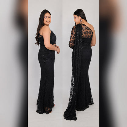 Side and back dual view of black sequin net mermaid saree gown showing fitted silhouette and sheer pallu trail - Jagranee