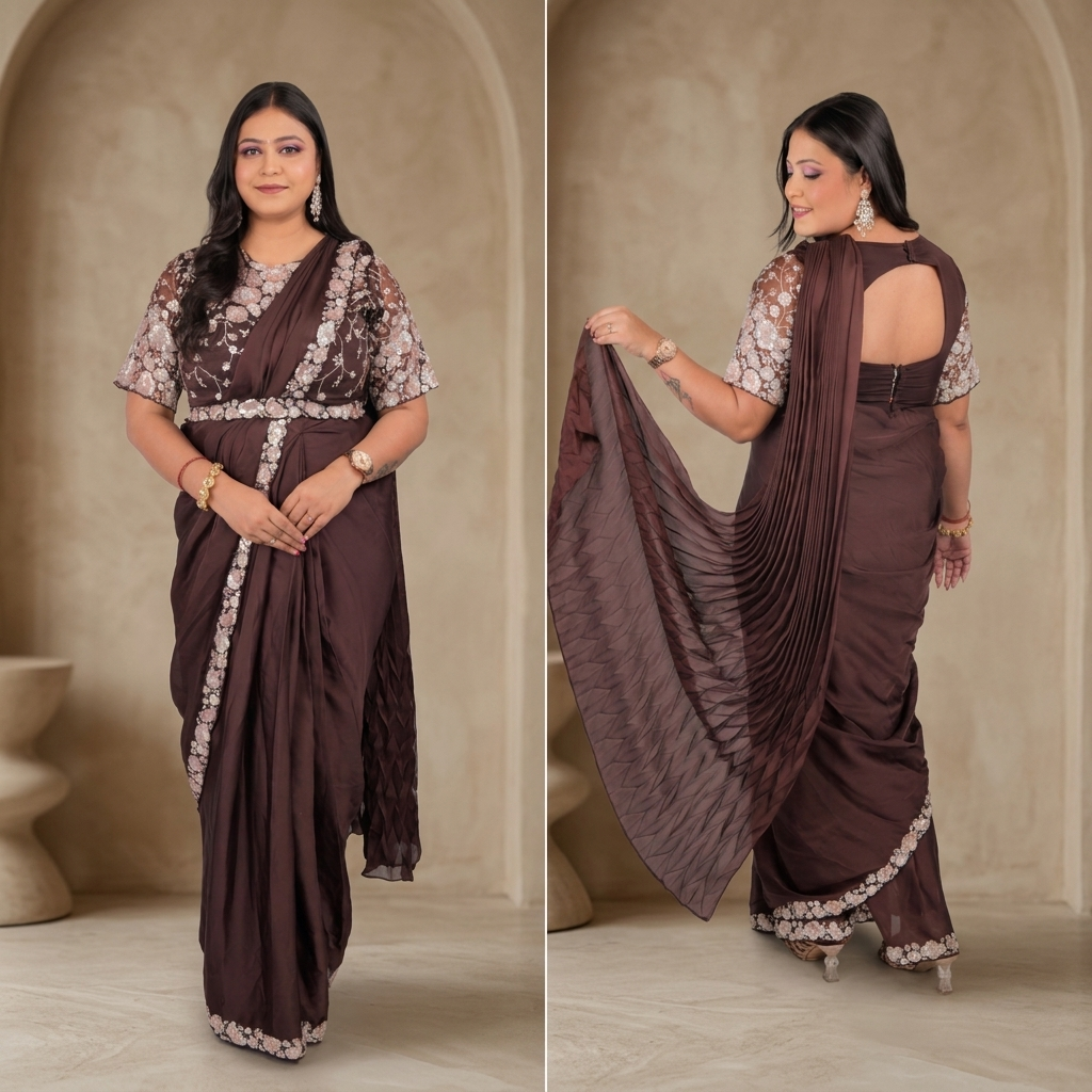 Front and back dual view of dark brown satin silk saree with rose gold sequin floral border and embroidered net blouse showing crushed pallu - Jagranee