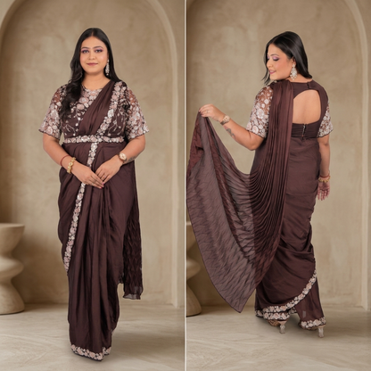 Front and back dual view of dark brown satin silk saree with rose gold sequin floral border and embroidered net blouse showing crushed pallu - Jagranee