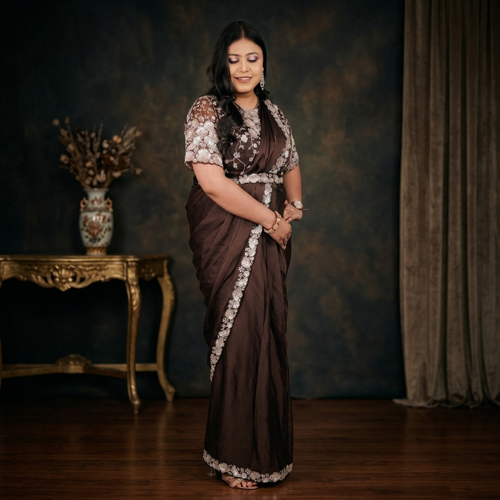 Three-quarter view of dark brown satin silk saree showing rose gold sequin floral border and embroidered net blouse detail - Jagranee