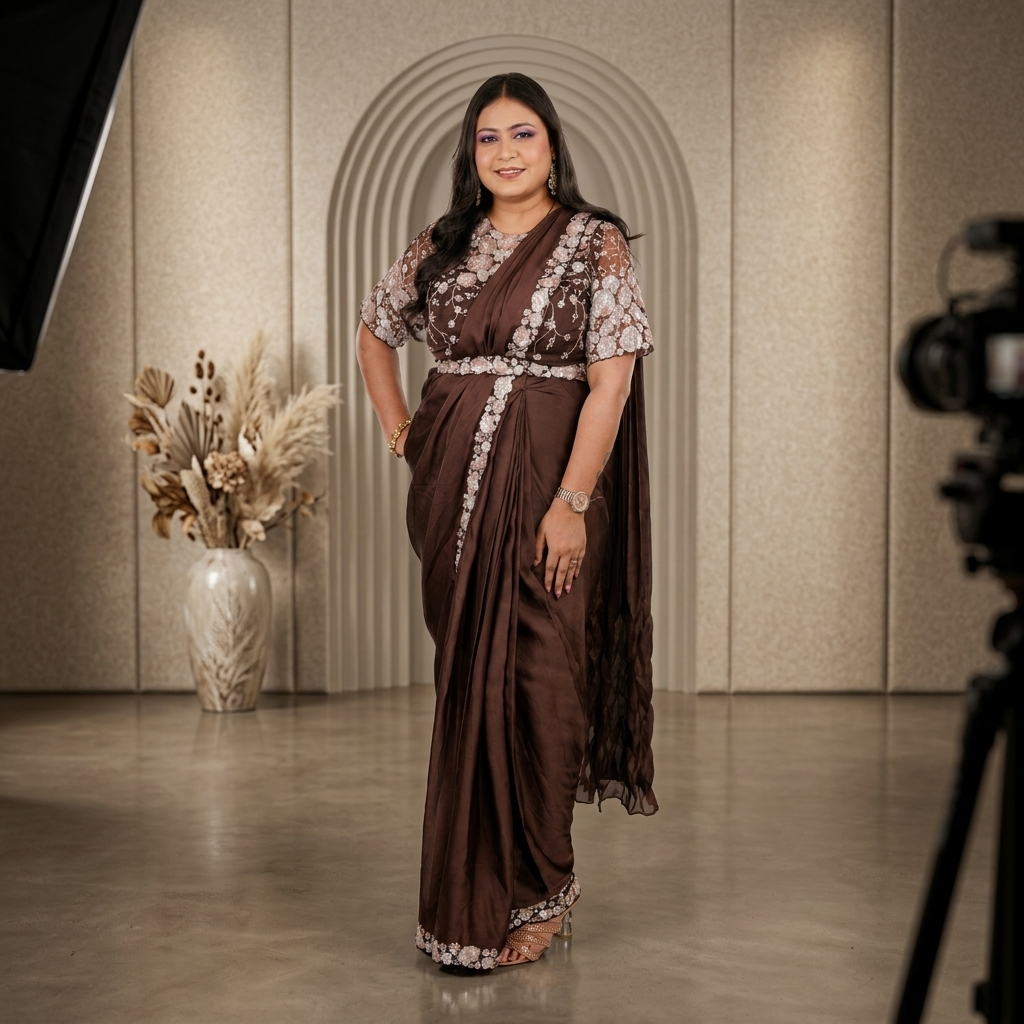 Front view of dark brown satin silk saree with sequin embroidered border and sheer net blouse with all-over floral embroidery - Jagranee