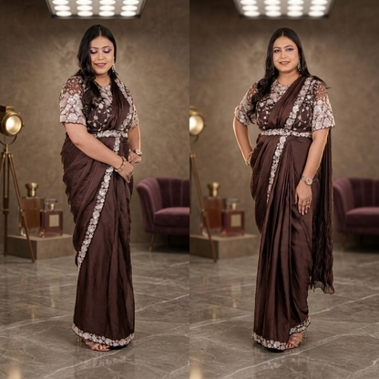 Dual angle view of dark brown satin silk saree showing sequin border drape and crushed pleated pallu with embroidered net blouse - Jagranee
