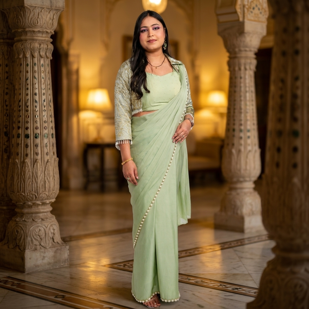 Woman wearing sage green satin crepe saree with pearl border and gold zari brocade jacket blouse in Rajasthani palace - Jagranee