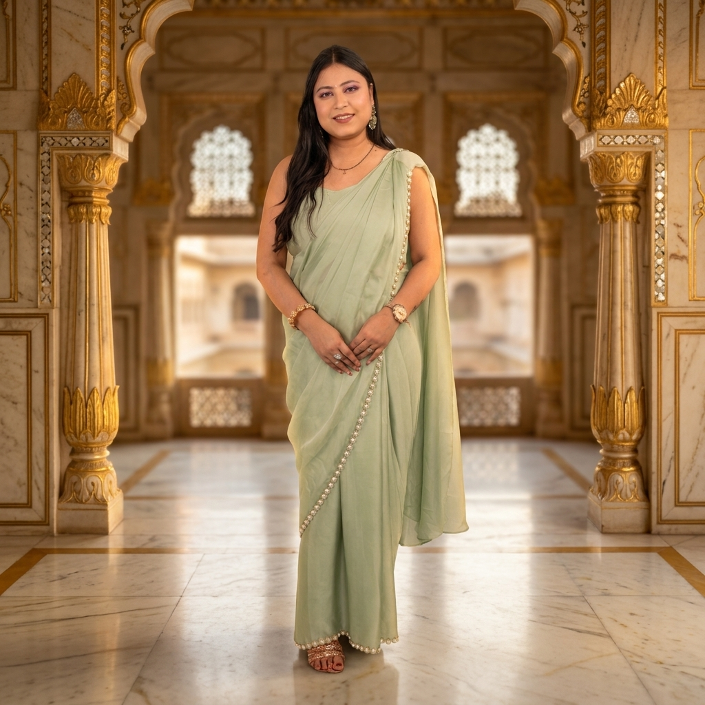 Front view of pista green crepe saree with pearl border and sheer pallu in golden marble palace interior - Jagranee