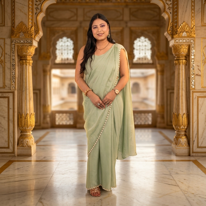 Front view of pista green crepe saree with pearl border and sheer pallu in golden marble palace interior - Jagranee