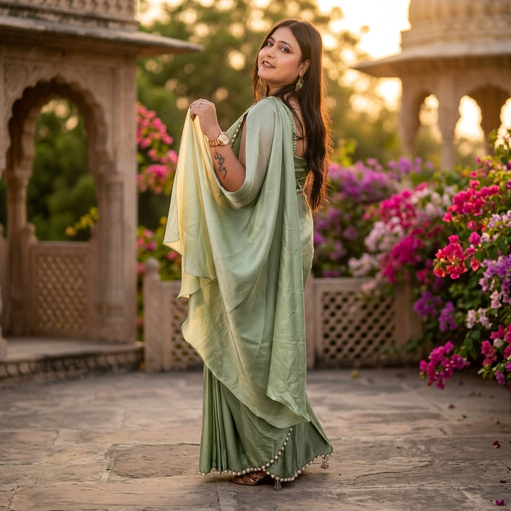 Back view of sage green satin saree with pearl hem in palace garden at golden hour with bougainvillea - Jagranee