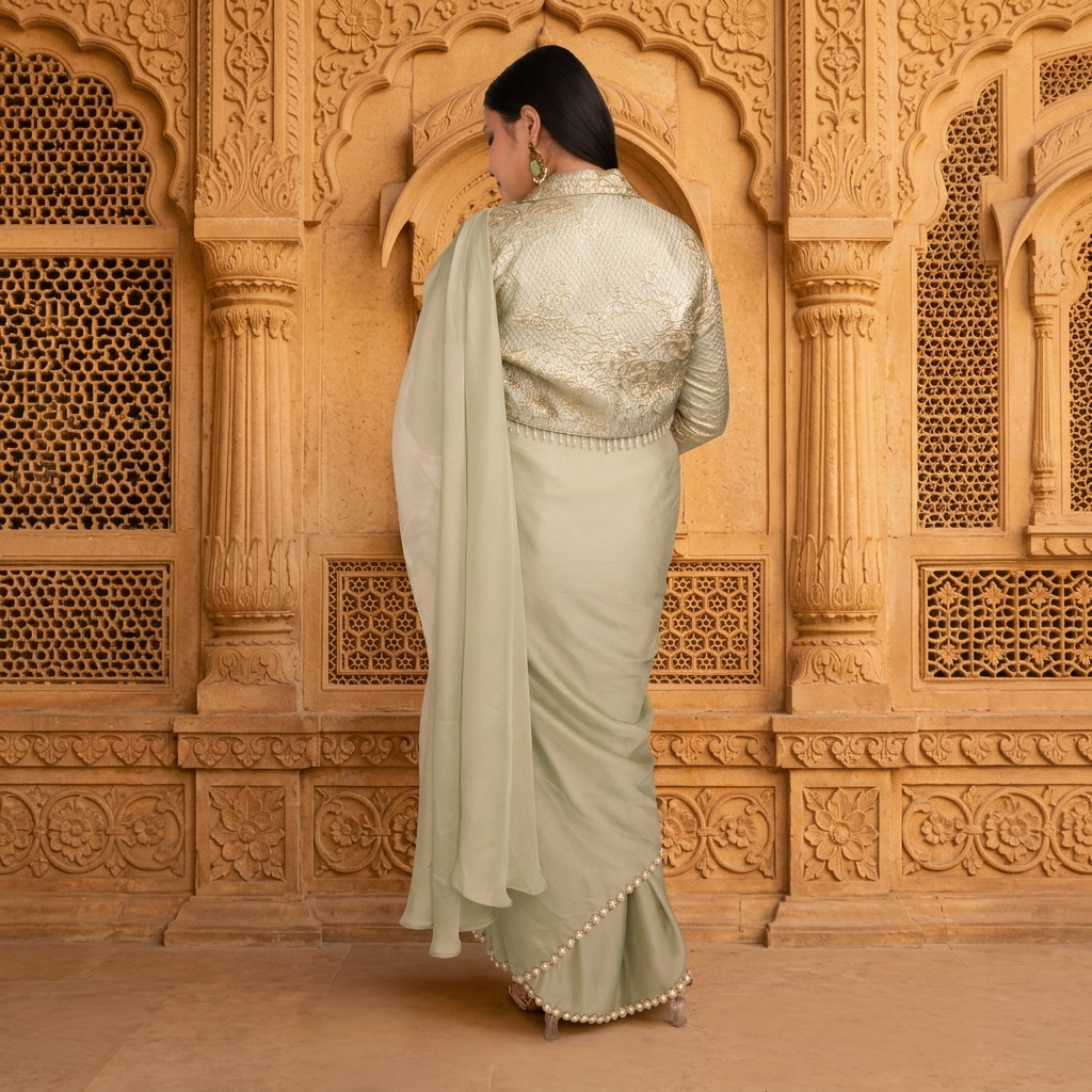 Back detail of gold zari brocade jacket blouse with full sleeves and high collar over sage green saree - Jagranee