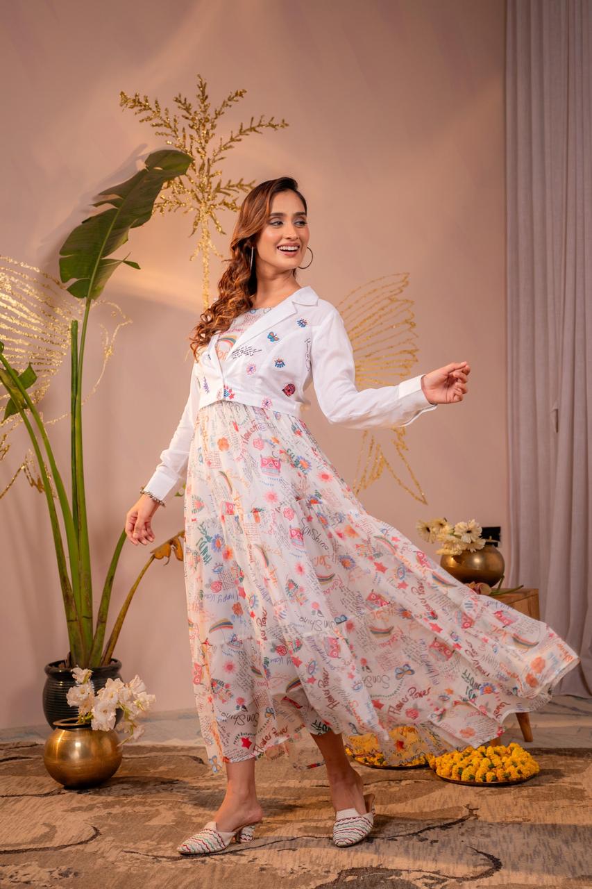 Twirling in white doodle print chiffon maxi dress with embroidered cropped blazer showing tiered skirt movement - Jagranee
