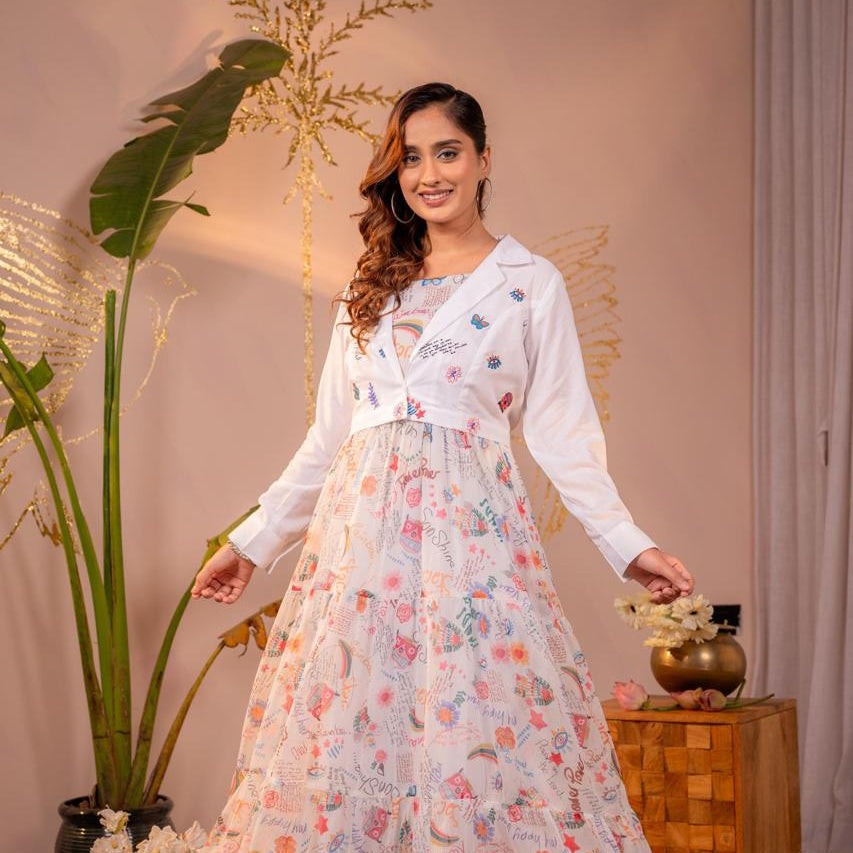 Front view of white doodle art printed chiffon maxi dress with colourful embroidered cropped cotton blazer - Jagranee