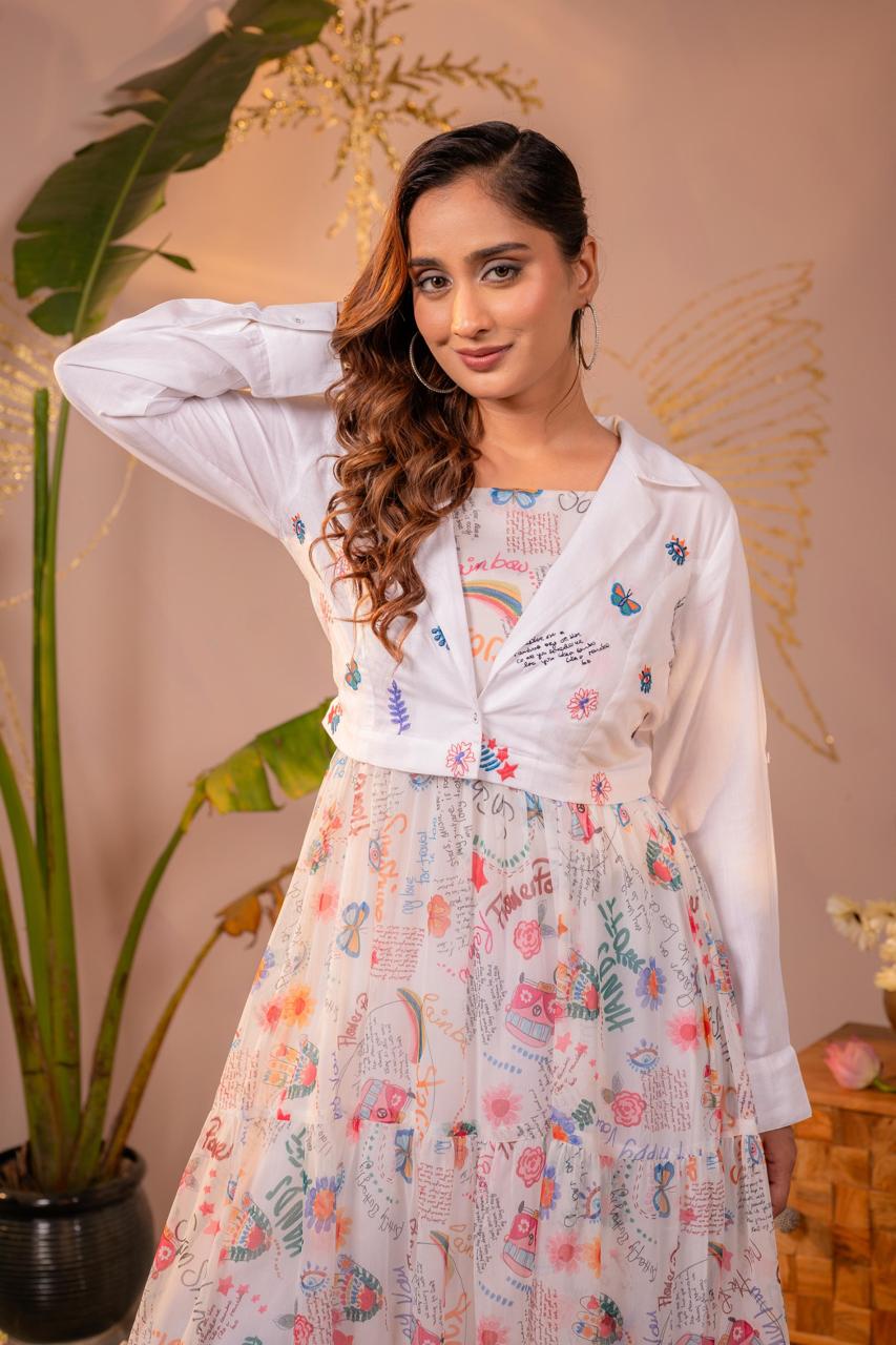 Close-up of embroidered cropped blazer with butterfly and floral motifs over white doodle print chiffon maxi dress - Jagranee