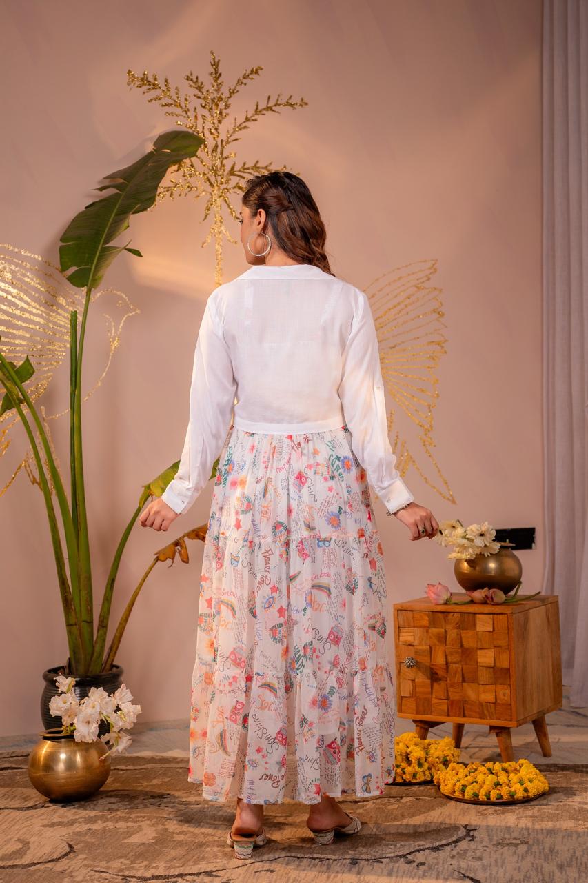 Back view of white doodle print chiffon maxi dress with cropped cotton blazer, full body studio shot - Jagranee