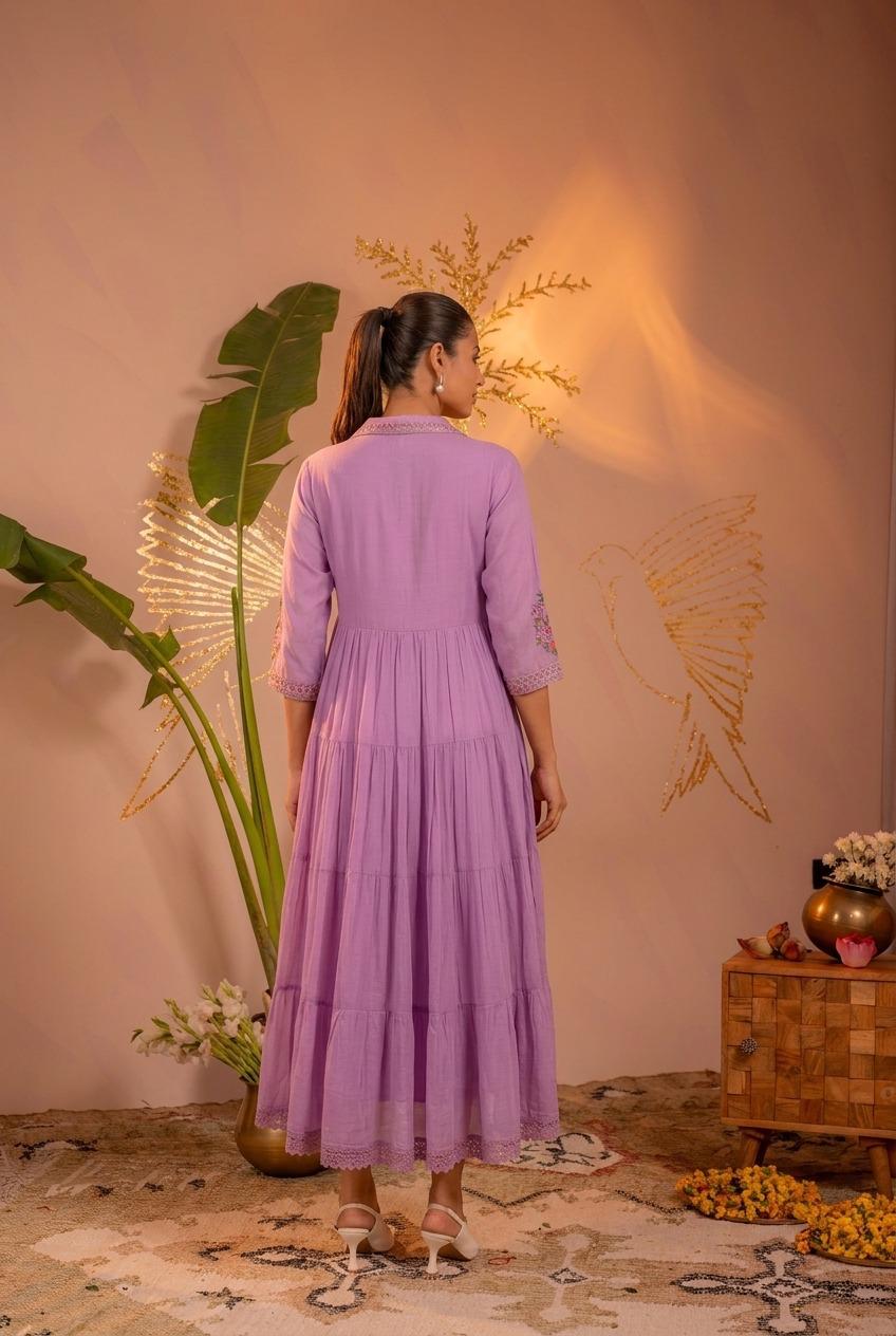 Back view of lavender pure cotton tiered midi dress showing gathered four-tier skirt and lace trim hemline - Jagranee