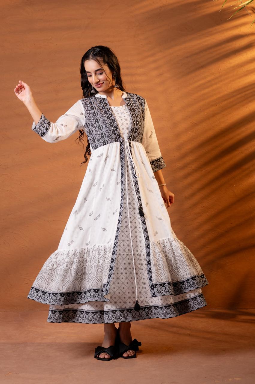 Twirling in black and white block print pure cotton tiered Anarkali dress with mirror work jacket overlay - Jagranee
