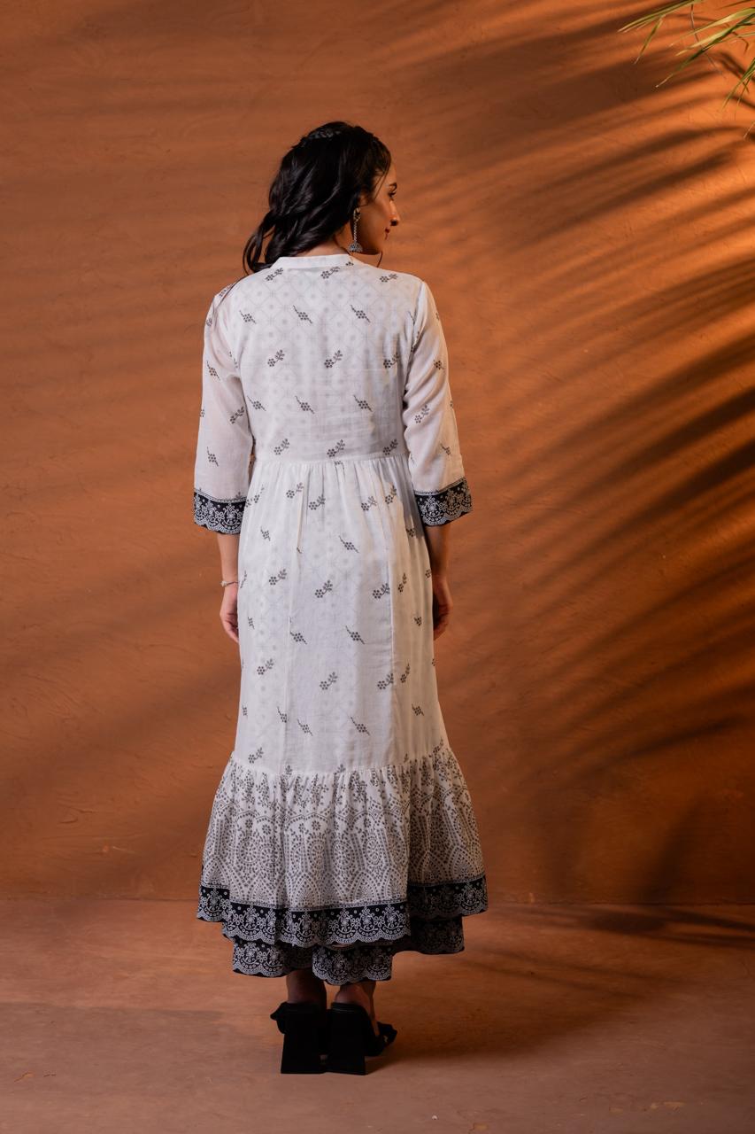 Back view of black and white block print cotton Anarkali dress showing buti print body and mandala tiered hem - Jagranee